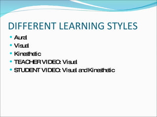 DIFFERENT LEARNING STYLES Aural Visual Kinesthetic TEACHER VIDEO: Visual STUDENT VIDEO: Visual and Kinesthetic 