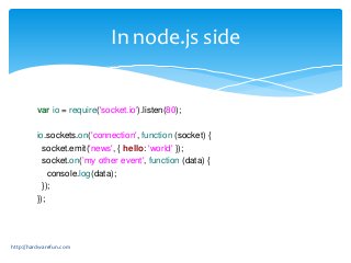 In node.js side


         var io = require('socket.io').listen(80);

         io.sockets.on('connection', function (socke...