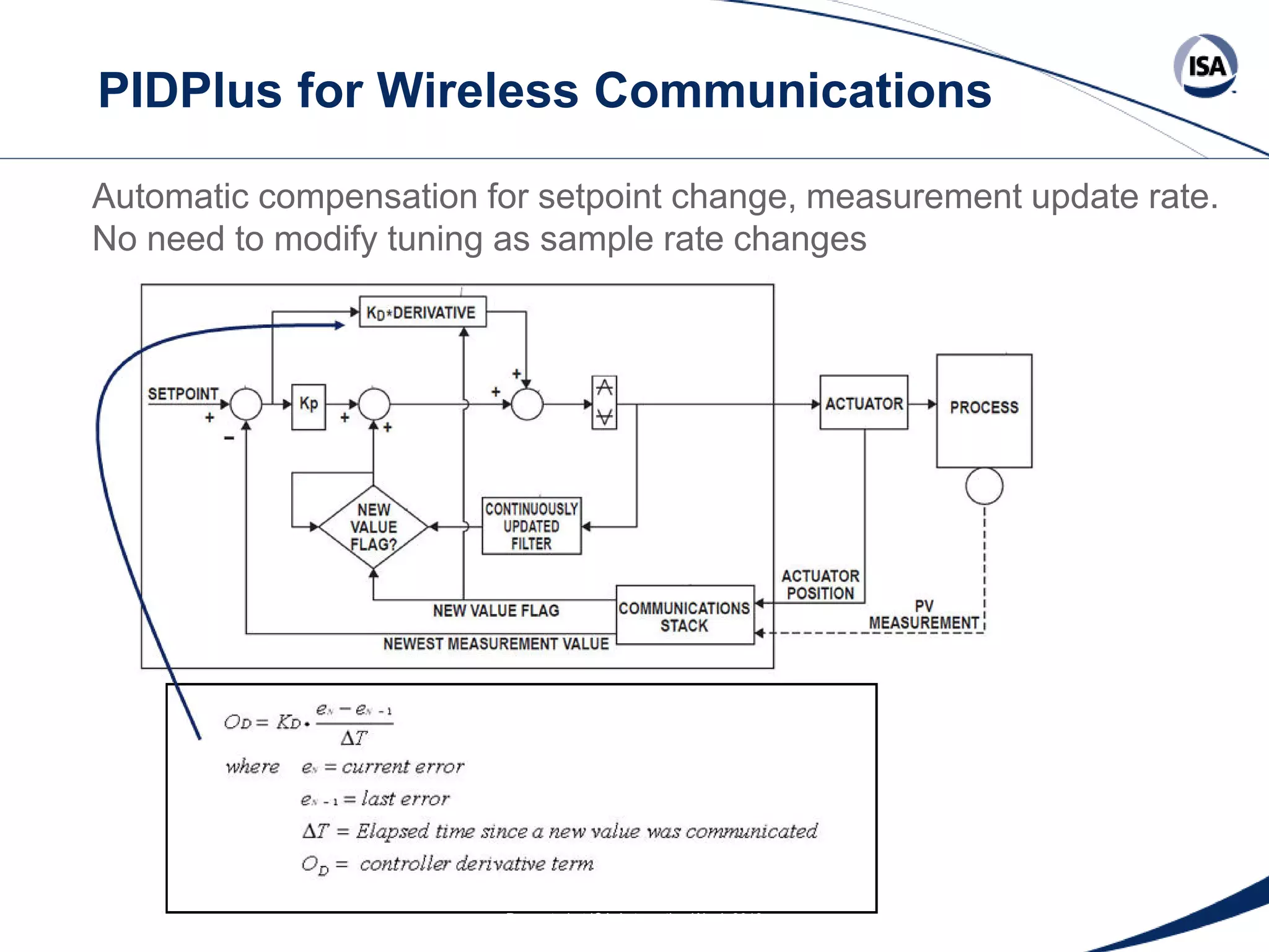 PIDPlus for Wireless Communications
Automatic compensation for setpoint change, measurement update rate.
No need to modify tuning as sample rate changes

Copyright 2013 ISA. All Rights Reserved. www.isa.org
Presented at ISA Automation Week 2013
Nashville, Tennessee •Renaissance Nashville, USA, 4-7 November 2013

 