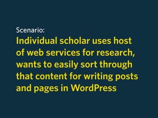 Scenario:
Individual scholar uses host
of web services for research,
wants to easily sort through
that content for writing posts
and pages in WordPress
 