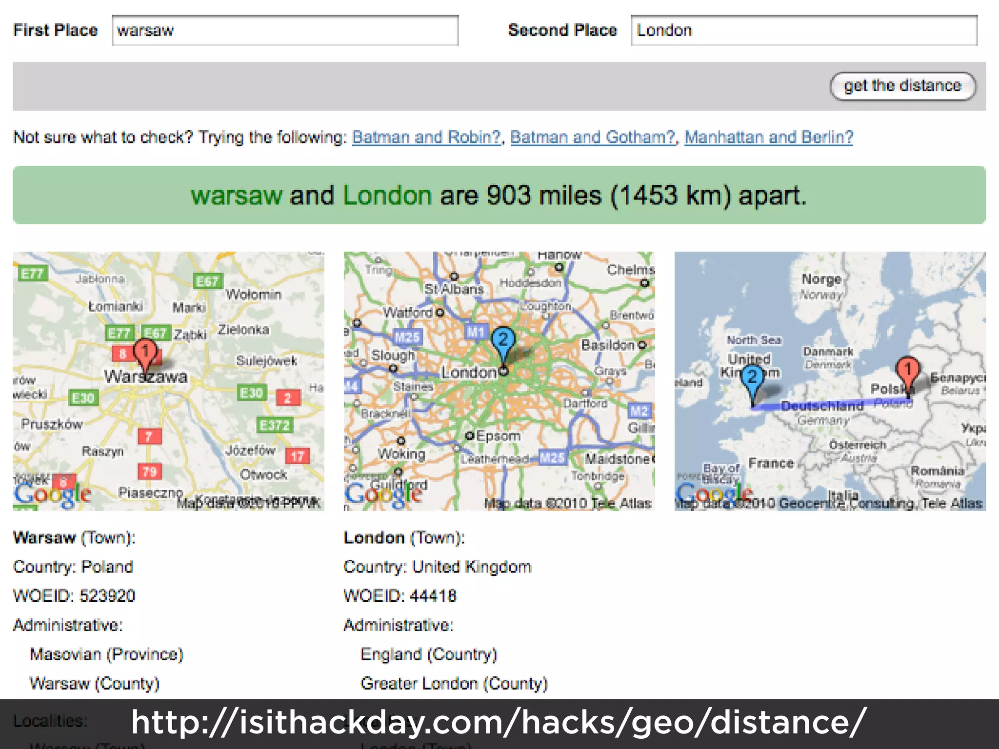 http://isithackday.com/hacks/geo/distance/
 