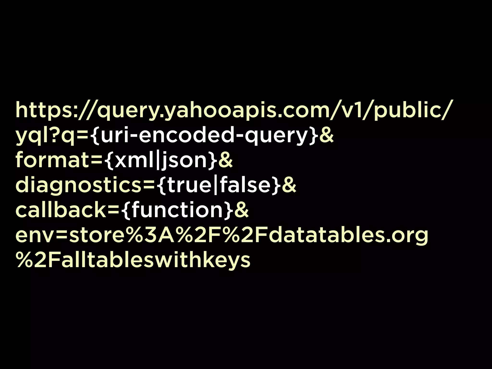 https://query.yahooapis.com/v1/public/
yql?q={uri-encoded-query}&
format={xml|json}&
diagnostics={true|false}&
callback={function}&
env=store%3A%2F%2Fdatatables.org
%2Falltableswithkeys
 