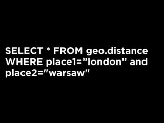 SELECT * FROM geo.distance
WHERE place1=”london” and
place2="warsaw"
 