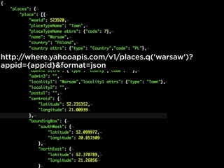 http://where.yahooapis.com/v1/places.q('warsaw')?
appid={appid}&format=json
 