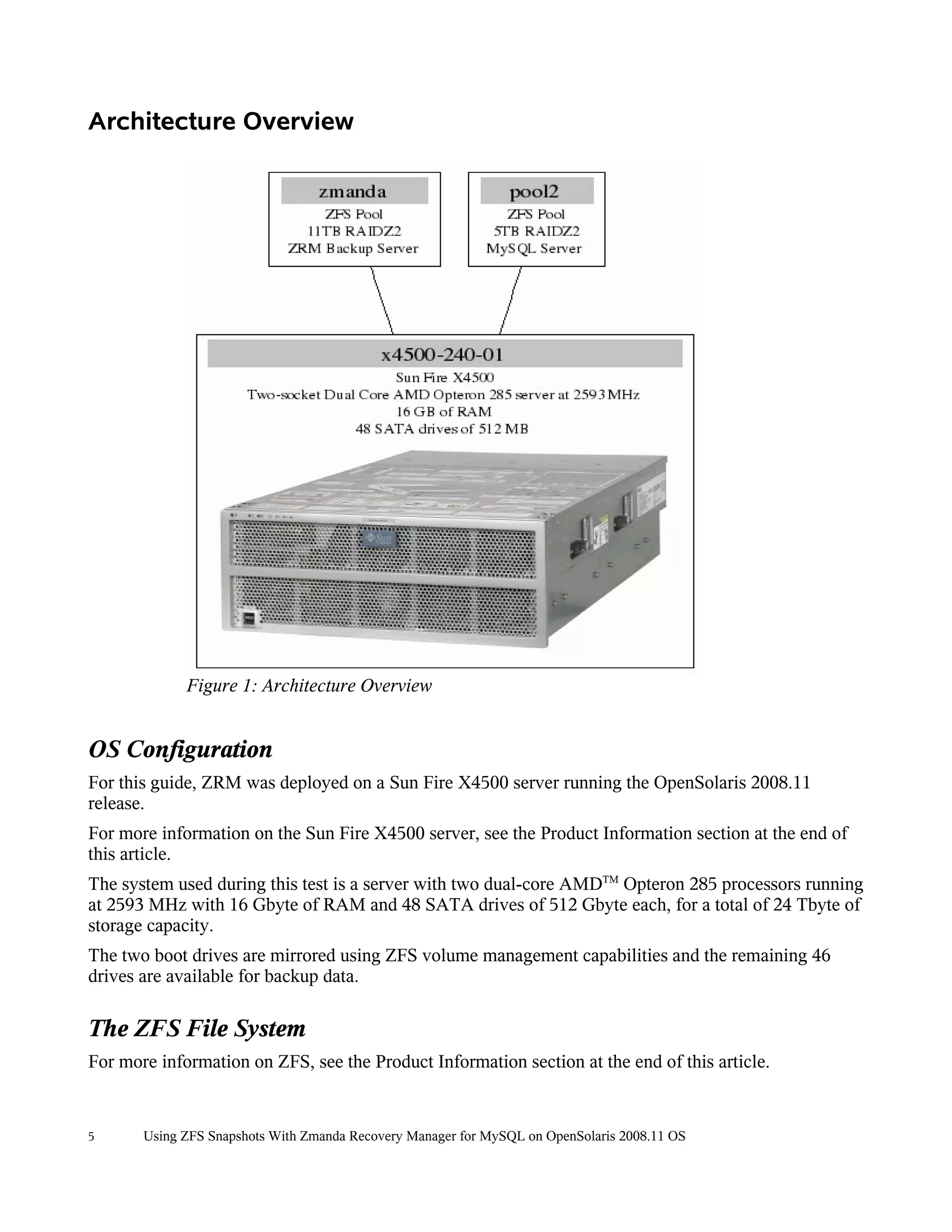 Architecture Overview




             Figure 1: Architecture Overview


OS Configuration
For this guide, ZRM was deployed on a Sun Fire X4500 server running the OpenSolaris 2008.11
release.
For more information on the Sun Fire X4500 server, see the Product Information section at the end of
this article.
The system used during this test is a server with two dual-core AMDTM Opteron 285 processors running
at 2593 MHz with 16 Gbyte of RAM and 48 SATA drives of 512 Gbyte each, for a total of 24 Tbyte of
storage capacity.
The two boot drives are mirrored using ZFS volume management capabilities and the remaining 46
drives are available for backup data.

The ZFS File System
For more information on ZFS, see the Product Information section at the end of this article.


5      Using ZFS Snapshots With Zmanda Recovery Manager for MySQL on OpenSolaris 2008.11 OS
 