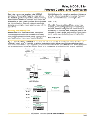 Page3
The Interface Solution Experts • www.miinet.com
Using MODBUS for
Process Control and Automation
Data in the memory map is defined in the MODBUS
specification. Assuming that the device vendor followed
the MODBUS specification (not all do), all data can easily
be accessed by the MODBUS master, which follows the
specification. In many cases, the device vendor publishes
the memory locations (Figure 3), making it easy for the
person programming the master to communicate with the
slave device.
Reading and Writing Data
MODBUS has up to 255 function codes, but 01 (read
coils), 02 (read discrete inputs), 03 (read holding regis-
ters) and 04 (read input registers) are the most commonly
used read functions that are used to collect data from
NET Concentrator System
Distributed I/O
(Analog Input Module)
Figure 4. Home Run Wiring vs MODBUS. In most plants, field instruments connect to the control system with individual “home run”
twisted pairs (below). When the instruments are wired into a distributed I/O system, such as the NCS from Moore Industries (center),
more devices can be added, but only a single twisted pair is needed to transmit all the data to the MODBUS master. Multiple NCS systems
can be networked (bottom) over the same MODBUS network, so the entire plant can be converted from home run wiring to MODBUS.
MODBUS slaves. For example, to read three 16-bit words
of analog data from device 5’s memory map, the master
sends a command that looks something like this:
5 04 2 3 CRC
Where 5 is the device address, 04 says to read input
registers, 2 is the starting address (address 30,002), 3
means to read three contiguous data values starting at
address 30,002, and CRC is the error check value for this
message. The slave device, upon receiving this command,
sends back a response that looks something like this:
5 04 aa bb cc CRC
 