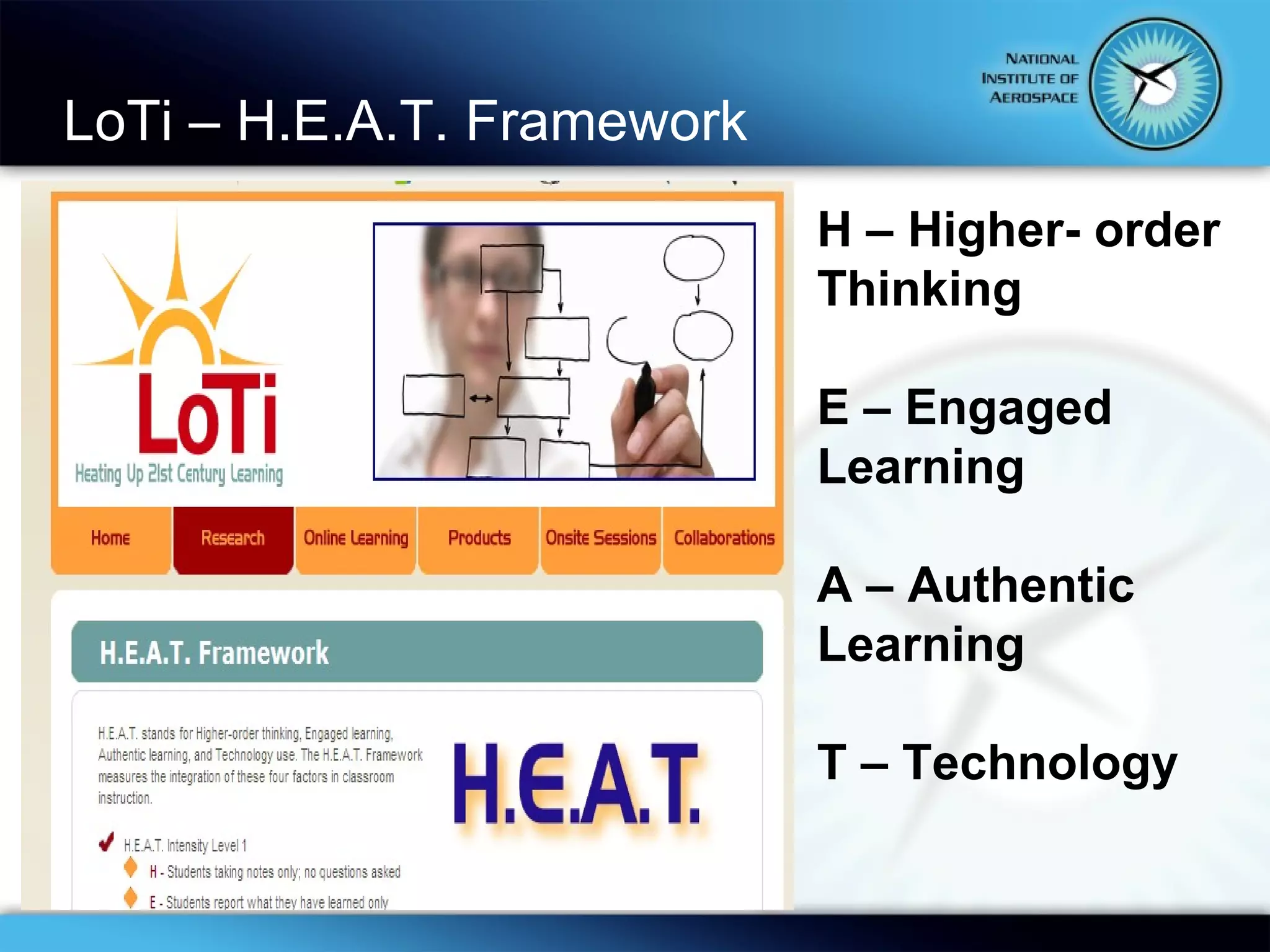 LoTi – H.E.A.T. Framework H – Higher- order Thinking E – Engaged Learning A – Authentic Learning T – Technology 