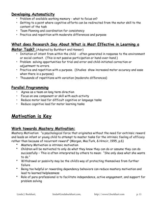 Developing Automaticity
   • Problem of available working memory - what to focus on?
   • Getting to a point where cognitive efforts can be redirected from the motor skill to the
     content of the task
   • Team Planning and coordination for consistency
   • Practice and repetition with moderate differences and purpose


What does Research Say About What is Most Effective in Learning a
Motor Task? (Adapted by Burkhart and Hanser)
   • Initiation of intent from within the child - often generated in response to the environment
     or social context. (This is not passive participation or hand-over-hand.)
   • Problem solving opportunities for trial and error and child-initiated correction or
     adjustment to errors.
   • Practice and repetition with a purpose. (Studies show increased motor accuracy and ease
     when there is a purpose)
   • Thousands of repetitions with variation (moderate differences)


Parallel Programming
   •   Agree as a team on long term direction
   •   Focus on one component or skill with each activity
   •   Reduce motor load for difficult cognitive or language tasks
   •   Reduce cognitive load for motor learning tasks



Motivation is Key

Work towards Mastery Motivation:
Mastery Motivation: "a psychological force that originates without the need for extrinsic reward
and leads an infant or young child to attempt to master tasks for the intrinsic feeling of efficacy
rather than because of recurrent reward" (Morgan, MacTurk, & Hrncir, 1995, p.6)
   • Mastery Motivation is intrinsic motivation
   • Children will be motivated to only do what they know they can do or assume they can do
       successfully – This is often interpreted by others to mean: “She only does what she wants
       to do.”
   • Withdrawal or passivity may be the child’s way of protecting themselves from further
       failure
   • Being too helpful or rewarding dependency behaviors can reduce mastery motivation and
       lead to learned helplessness
   • Role of para-professional is to facilitate independence, active engagement, and support for
       problem solving



   Linda J. Burkhart,         linda@Lindaburkhart.com,       http://www.Lburkhart.com       p. 11
 