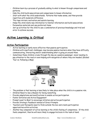 ·   Children learn by a process of gradually adding to what is known through comparisons and
      patterns.
  ·   Help the child build associations and comparisons to known information
  ·   Start with what the child understands. Patterns that make sense, and then provide
      repetition with moderate difference
  ·   This taps intrinsic motivation and assists learning
  ·   Helps the child relate new information to familiar information and build associations
  ·   Personalize materials and use preferred items
  ·   Set up activities for the child to use a combination of previous knowledge and trial and
      error to achieve success.



Active Learning is Critical

Active Participation
  •   Active learning is vastly more effective than passive participation.
  •   Children with significant challenges, may become passive learners when they have difficulty
      communicating, interacting and/or understanding what is going on around them.
  •   Sometimes these children cruise through the day as a passive passenger, never needing to
      pay attention to the road or even helping with navigation of where they are headed. (Guided
      Tour vs. Following a Map)




  •
  •   The problem is that learning is less likely to take place when the child is in a passive role.
  •   Children Need to See a Reason for Doing Something
  •   Provide adaptations and modifications to enable active participation
  •   Foster Initiation and Active Engagement
  •   Prompt Least to Most to encourage initiation and active participation
  •   Provide Strategic Feedback instead of Direct Prompts
  •   Teachers and therapists need to think outside the box and create participation
      opportunities within activities.
  •   Another key component of active learning is the child’s feeling of competence. If the child
      feels competent, then he will more likely to engage his brain in the task at hand.


   Linda J. Burkhart,        linda@Lindaburkhart.com,        http://www.Lburkhart.com        p. 7
 