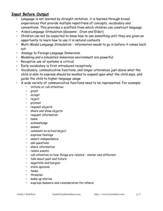 Input Before Output
  •   Language is not learned by straight imitation, it is learned through broad
      experiences that provide multiple repetitions of concepts, vocabulary and
      conventions. This provides a scaffold from which children can construct language.
  •   Aided Language Stimulation (Goosens', Crain and Elder)
  •   Children can not be expected to know how to use something until they are given an
      opportunity to learn how to use it in natural contexts
  •   Multi-Modal Language Stimulation - information needs to go in before it comes back
      out
  •   Analogy to Foreign Language Immersion
  •   Modeling and a simulated immersion environment are powerful
  •   Receptive use of systems is critical
  •   Early vocabulary is first introduced receptively
  •   Vocabulary, communicative functions, and longer utterances just above what the
      child is able to express should be modled to expand upon what the child says, and
      guide the child to higher language usage
  •   A wide variety of communicative functions need to be represented. For example:
          •    initiate or call attention
          •    greet
          •    accept
          •    reject
          •    protest
          •    request objects
          •    share and show objects
          •    request information
          •    name
          •    acknowledge
          •    answer
          •    comment on action/object
          •    express feelings
          •    assert independence
          •    ask questions
          •    share information
          •    relate events
          •    call attention to how things are related - similar and different
          •    talk about past and future
          •    negotiate and bargain
          •    state opinions
          •    tease
          •    threaten
          •    make up stories
          •    express manners and consideration for others


  Linda J. Burkhart,           linda@Lindaburkhart.com,       http://www.Lburkhart.com   p. 9
 
