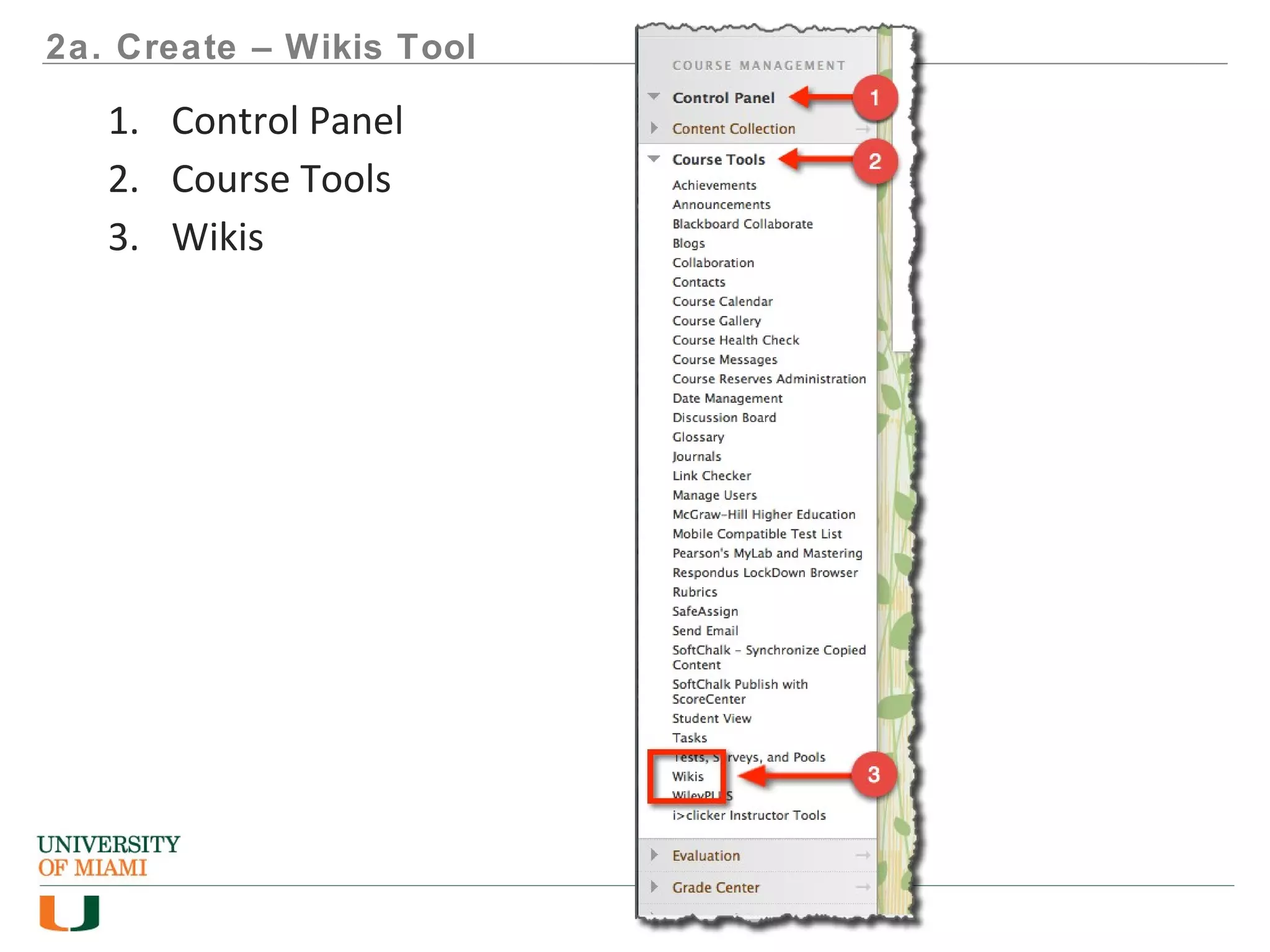 2a. Create – Wikis Tool
1. Control Panel
2. Course Tools
3. Wikis
 