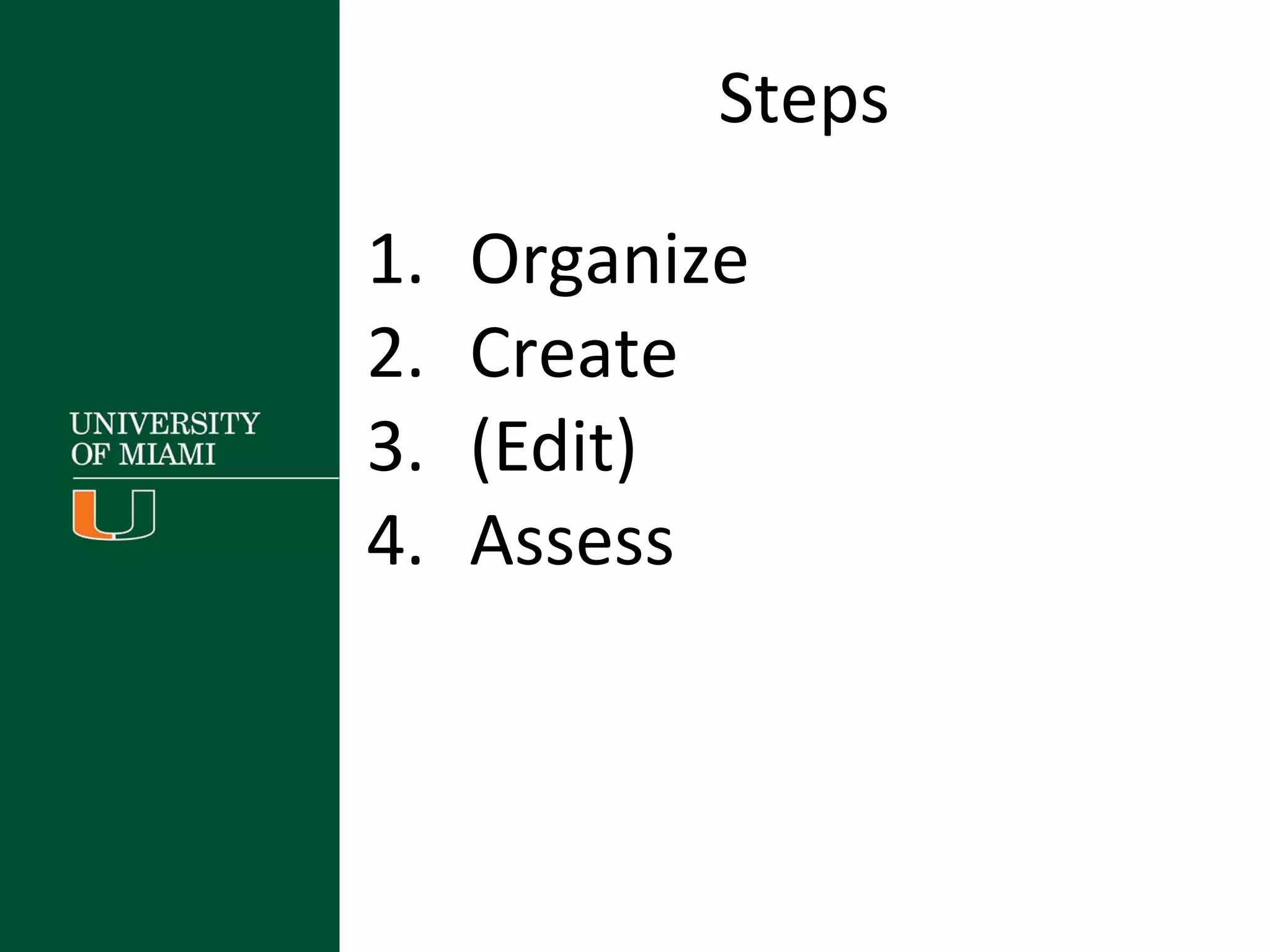 Steps
1. Organize
2. Create
3. (Edit)
4. Assess
 
