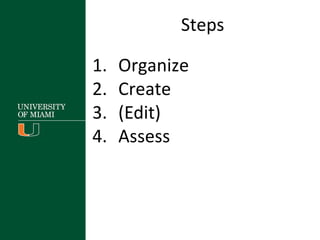 Steps
1. Organize
2. Create
3. (Edit)
4. Assess
 