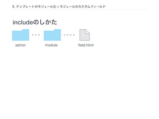 5. テンプレートのモジュール化 > モジュールのカスタムフィールド
admin module ﬁeld.html
includeのしかた
 