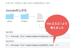 5. テンプレートのモジュール化 > モジュールのカスタムフィールド
includeのしかた
<!-- #include file=“/admin/module/mid%{MID}.html" -->
<!-- #include file=“/admin/module/mid%{mid}.html" -->
Ver.2.5.0
admin module ﬁeld.html
mid1.html
Ver.2.5.0.1
Ver.2.5.0.1より
増えました
 