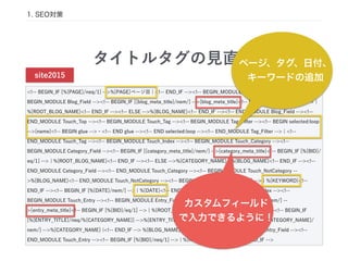 タイトルタグの見直し
<!-- BEGIN_IF [%{PAGE}/neq/1] -->%{PAGE}ページ目 ¦ <!-- END_IF --><!-- BEGIN_MODULE Touch_Top --><!--
BEGIN_MODULE Blog_Field --><!-- BEGIN_IF [{blog_meta_title}/nem/] -->{blog_meta_title}<!-- BEGIN_IF [%{BID}/eq/1] --> ¦
%{ROOT_BLOG_NAME}<!-- END_IF --><!-- ELSE -->%{BLOG_NAME}<!-- END_IF --><!-- END_MODULE Blog_Field --><!--
END_MODULE Touch_Top --><!-- BEGIN_MODULE Touch_Tag --><!-- BEGIN_MODULE Tag_Filter --><!-- BEGIN selected:loop
-->{name}<!-- BEGIN glue -->・<!-- END glue --><!-- END selected:loop --><!-- END_MODULE Tag_Filter --> ¦ <!--
END_MODULE Touch_Tag --><!-- BEGIN_MODULE Touch_Index --><!-- BEGIN_MODULE Touch_Category --><!--
BEGIN_MODULE Category_Field --><!-- BEGIN_IF [{category_meta_title}/nem/] -->{category_meta_title}<!-- BEGIN_IF [%{BID}/
eq/1] --> ¦ %{ROOT_BLOG_NAME}<!-- END_IF --><!-- ELSE -->%{CATEGORY_NAME} ¦ %{BLOG_NAME}<!-- END_IF --><!--
END_MODULE Category_Field --><!-- END_MODULE Touch_Category --><!-- BEGIN_MODULE Touch_NotCategory --
>%{BLOG_NAME}<!-- END_MODULE Touch_NotCategory --><!-- BEGIN_IF [%{KEYWORD}/nem/] --> ¦ %{KEYWORD}<!--
END_IF --><!-- BEGIN_IF [%{DATE}/nem/] --> ¦ %{DATE}<!-- END_IF --><!-- END_MODULE Touch_Index --><!--
BEGIN_MODULE Touch_Entry --><!-- BEGIN_MODULE Entry_Field --><!-- BEGIN_IF [{entry_meta_title}/nem/] --
>{entry_meta_title}<!-- BEGIN_IF [%{BID}/eq/1] --> ¦ %{ROOT_BLOG_NAME}<!-- END_IF --><!-- ELSE --><!-- BEGIN_IF
[%{ENTRY_TITLE}/neq/%{CATEGORY_NAME}] -->%{ENTRY_TITLE} ¦ <!-- END_IF --><!-- BEGIN_IF [%{CATEGORY_NAME}/
nem/] -->%{CATEGORY_NAME} ¦<!-- END_IF --> %{BLOG_NAME}<!-- END_IF --><!-- END_MODULE Entry_Field --><!--
END_MODULE Touch_Entry --><!-- BEGIN_IF [%{BID}/neq/1] --> ¦ %{ROOT_BLOG_NAME}<!-- END_IF -->
1. SEO対策
site2015
ページ、タグ、日付、
キーワードの追加
カスタムフィールド
で入力できるように！
 