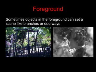 Foreground Sometimes objects in the foreground can set a scene like branches or doorways 