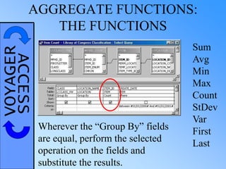 VOYAGERACCESSAGGREGATE FUNCTIONS:
THE FUNCTIONS
Sum
Avg
Min
Max
Count
StDev
Var
First
Last
Wherever the “Group By” fields
are equal, perform the selected
operation on the fields and
substitute the results.
 