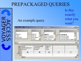 VOYAGERACCESSPREPACKAGED QUERIES
An example query
Is this
exactly
what you
want?
 