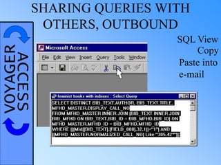 VOYAGERACCESSSHARING QUERIES WITH
OTHERS, OUTBOUND
SQL View
Copy
Paste into
e-mail
 