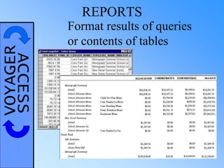 VOYAGERACCESS REPORTS
Format results of queries
or contents of tables
 