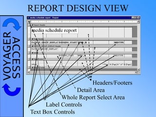 VOYAGERACCESS REPORT DESIGN VIEW
Headers/Footers
Detail Area
Whole Report Select Area
Label Controls
Text Box Controls
 