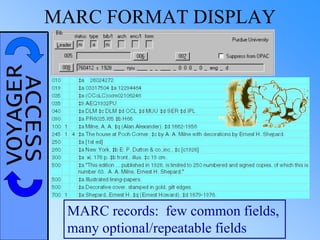 VOYAGERACCESS
MARC records: few common fields,
many optional/repeatable fields
MARC FORMAT DISPLAY
 