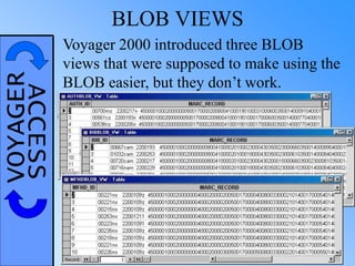 VOYAGERACCESS BLOB VIEWS
Voyager 2000 introduced three BLOB
views that were supposed to make using the
BLOB easier, but they don’t work.
 