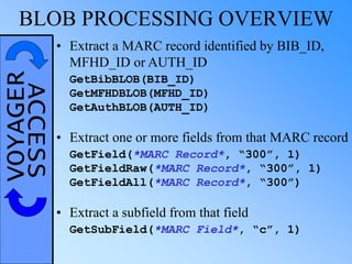 VOYAGERACCESSBLOB PROCESSING OVERVIEW
• Extract a MARC record identified by BIB_ID,
MFHD_ID or AUTH_ID
GetBibBLOB(BIB_ID)
GetMFHDBLOB(MFHD_ID)
GetAuthBLOB(AUTH_ID)
• Extract one or more fields from that MARC record
GetField(*MARC Record*, “300”, 1)
GetFieldRaw(*MARC Record*, “300”, 1)
GetFieldAll(*MARC Record*, “300”)
• Extract a subfield from that field
GetSubField(*MARC Field*, “c”, 1)
 