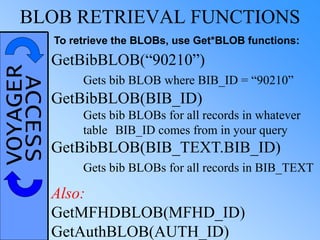 VOYAGERACCESSBLOB RETRIEVAL FUNCTIONS
To retrieve the BLOBs, use Get*BLOB functions:
GetBibBLOB(“90210”)
Gets bib BLOB where BIB_ID = “90210”
GetBibBLOB(BIB_ID)
Gets bib BLOBs for all records in whatever
table BIB_ID comes from in your query
GetBibBLOB(BIB_TEXT.BIB_ID)
Gets bib BLOBs for all records in BIB_TEXT
Also:
GetMFHDBLOB(MFHD_ID)
GetAuthBLOB(AUTH_ID)
 