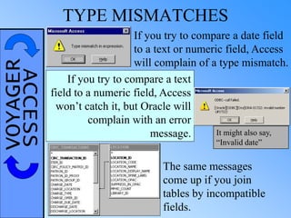 VOYAGERACCESS TYPE MISMATCHES
If you try to compare a date field
to a text or numeric field, Access
will complain of a type mismatch.
If you try to compare a text
field to a numeric field, Access
won’t catch it, but Oracle will
complain with an error
message.
The same messages
come up if you join
tables by incompatible
fields.
It might also say,
“Invalid date”
 