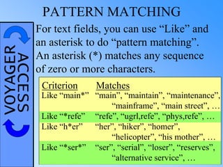 VOYAGERACCESS PATTERN MATCHING
“main”, “maintain”, “maintenance”,
“mainframe”, “main street”, …
“refe”, “ugrl,refe”, “phys,refe”, …
“her”, “hiker”, “homer”,
“helicopter”, “his mother”, …
“ser”, “serial”, “loser”, “reserves”,
“alternative service”, …
For text fields, you can use “Like” and
an asterisk to do “pattern matching”.
An asterisk (*) matches any sequence
of zero or more characters.
Like “main*”
Like “*refe”
Like “h*er”
Like “*ser*”
Criterion Matches
 