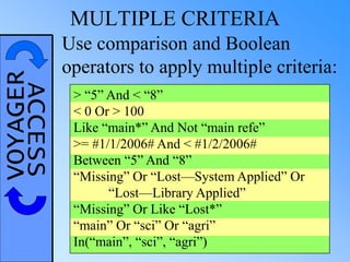 VOYAGERACCESS MULTIPLE CRITERIA
> “5” And < “8”
< 0 Or > 100
Like “main*” And Not “main refe”
>= #1/1/2006# And < #1/2/2006#
Between “5” And “8”
“Missing” Or “Lost—System Applied” Or
“Lost—Library Applied”
“Missing” Or Like “Lost*”
“main” Or “sci” Or “agri”
In(“main”, “sci”, “agri”)
Use comparison and Boolean
operators to apply multiple criteria:
 