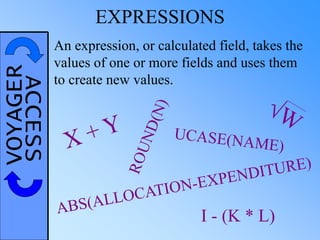 VOYAGERACCESS EXPRESSIONS
An expression, or calculated field, takes the
values of one or more fields and uses them
to create new values.
I - (K * L)
 