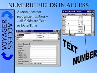 VOYAGERACCESSNUMERIC FIELDS IN ACCESS
Access does not
recognize numbers--
--all fields are Text
or Date/Time
 