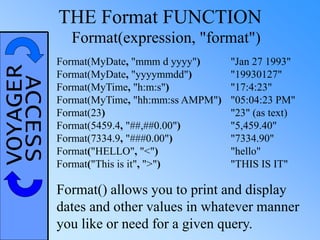 VOYAGERACCESS THE Format FUNCTION
Format() allows you to print and display
dates and other values in whatever manner
you like or need for a given query.
Format(MyDate, "mmm d yyyy") "Jan 27 1993"
Format(MyDate, "yyyymmdd") "19930127"
Format(MyTime, "h:m:s") "17:4:23"
Format(MyTime, "hh:mm:ss AMPM") "05:04:23 PM"
Format(23) "23" (as text)
Format(5459.4, "##,##0.00") "5,459.40"
Format(7334.9, "###0.00") "7334.90"
Format("HELLO", "<") "hello"
Format("This is it", ">") "THIS IS IT"
Format(expression, "format")
 