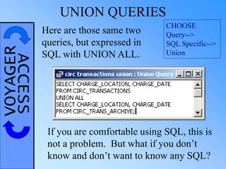 VOYAGERACCESS UNION QUERIES
CHOOSE
Query-->
SQL Specific-->
Union
Here are those same two
queries, but expressed in
SQL with UNION ALL.
If you are comfortable using SQL, this is
not a problem. But what if you don’t
know and don’t want to know any SQL?
 