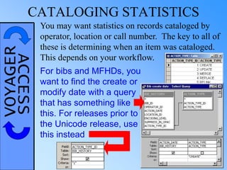 VOYAGERACCESSCATALOGING STATISTICS
You may want statistics on records cataloged by
operator, location or call number. The key to all of
these is determining when an item was cataloged.
This depends on your workflow.
For bibs and MFHDs, you
want to find the create or
modify date with a query
that has something like
this. For releases prior to
the Unicode release, use
this instead
 