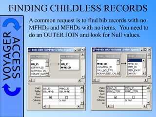 VOYAGERACCESSFINDING CHILDLESS RECORDS
A common request is to find bib records with no
MFHDs and MFHDs with no items. You need to
do an OUTER JOIN and look for Null values.
 