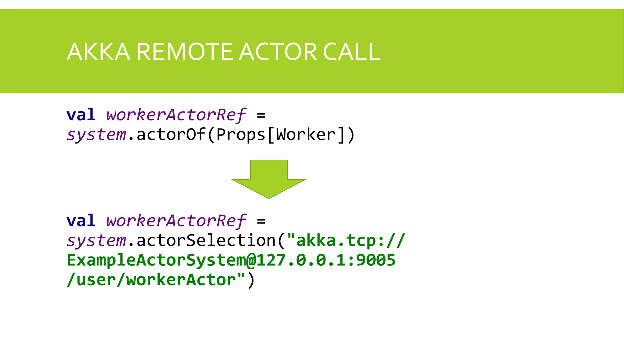 AKKA REMOTE ACTOR CALL
val workerActorRef =
system.actorOf(Props[Worker])
val workerActorRef =
system.actorSelection("akka.tcp://
ExampleActorSystem@127.0.0.1:9005
/user/workerActor")
 