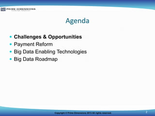 Agenda
 Challenges & Opportunities
 Payment Reform
 Big Data Enabling Technologies
 Big Data Roadmap

Copyright © Prim...