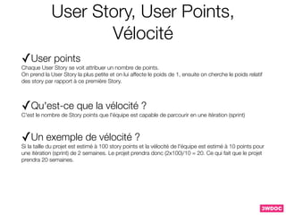 ✓User points
Chaque User Story se voit attribuer un nombre de points.
On prend la User Story la plus petite et on lui affe...