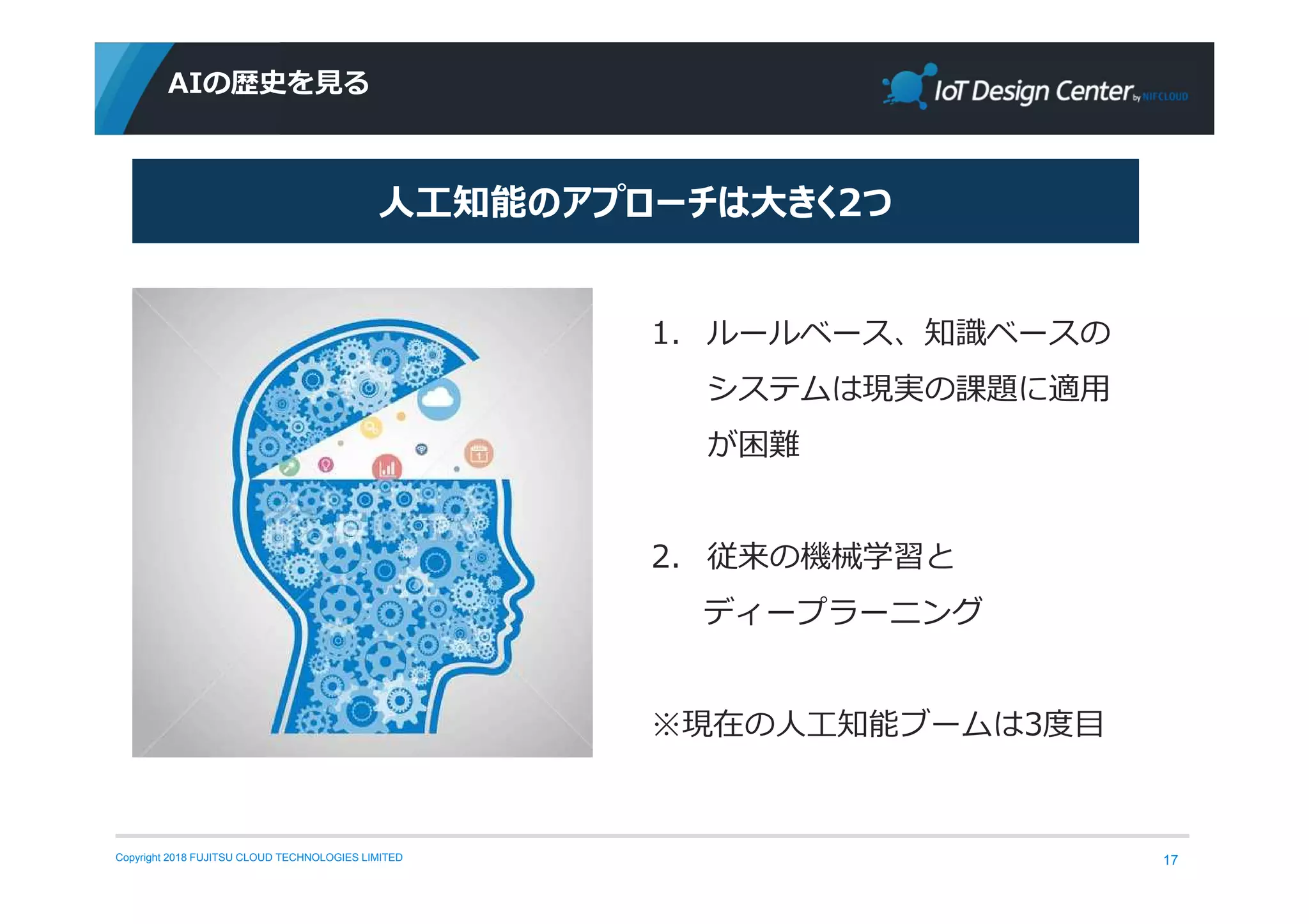 Copyright 2018 FUJITSU CLOUD TECHNOLOGIES LIMITED
AIの歴史を⾒る
17
1. ルールベース、知識ベースの
システムは現実の課題に適用
が困難
2. 従来の機械学習と
ディープラーニング
※現在の⼈工知能ブームは3度目
人工知能のアプローチは大きく2つ
 