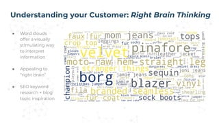 Understanding your Customer: Right Brain Thinking
● Word clouds
offer a visually
stimulating way
to interpret
information
...