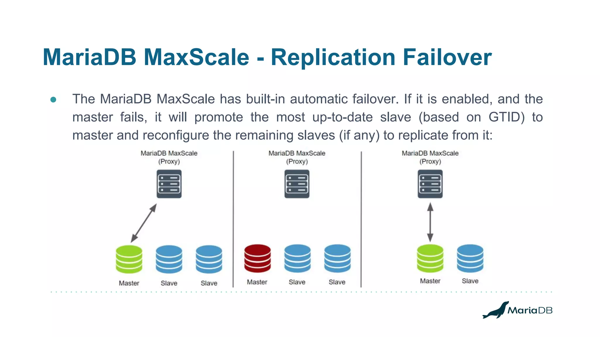 MariaDB MaxScale - Replication Failover
● The MariaDB MaxScale has built-in automatic failover. If it is enabled, and the
master fails, it will promote the most up-to-date slave (based on GTID) to
master and reconfigure the remaining slaves (if any) to replicate from it:
 