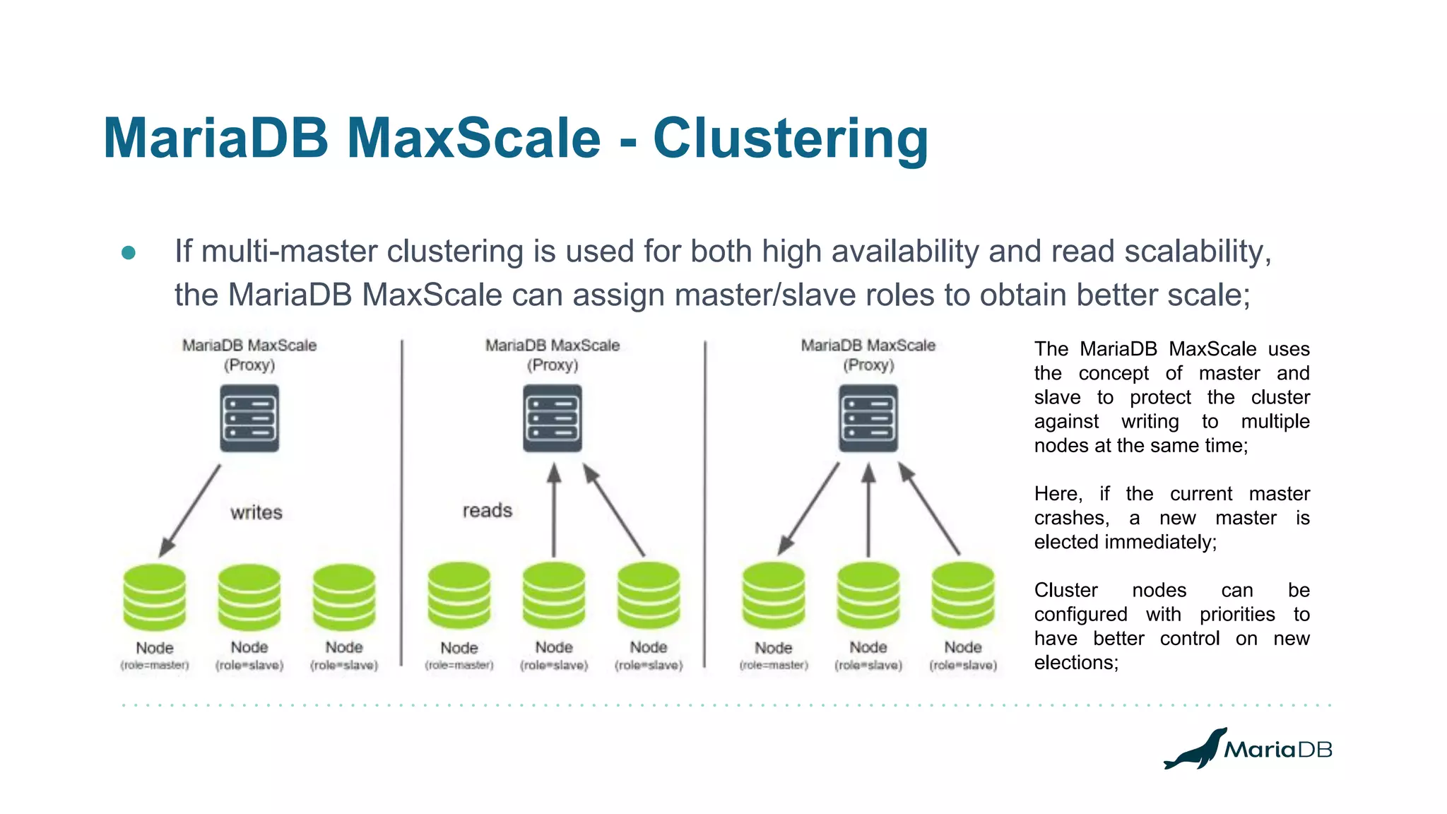 MariaDB MaxScale - Clustering
● If multi-master clustering is used for both high availability and read scalability,
the MariaDB MaxScale can assign master/slave roles to obtain better scale;
The MariaDB MaxScale uses
the concept of master and
slave to protect the cluster
against writing to multiple
nodes at the same time;
Here, if the current master
crashes, a new master is
elected immediately;
Cluster nodes can be
configured with priorities to
have better control on new
elections;
 