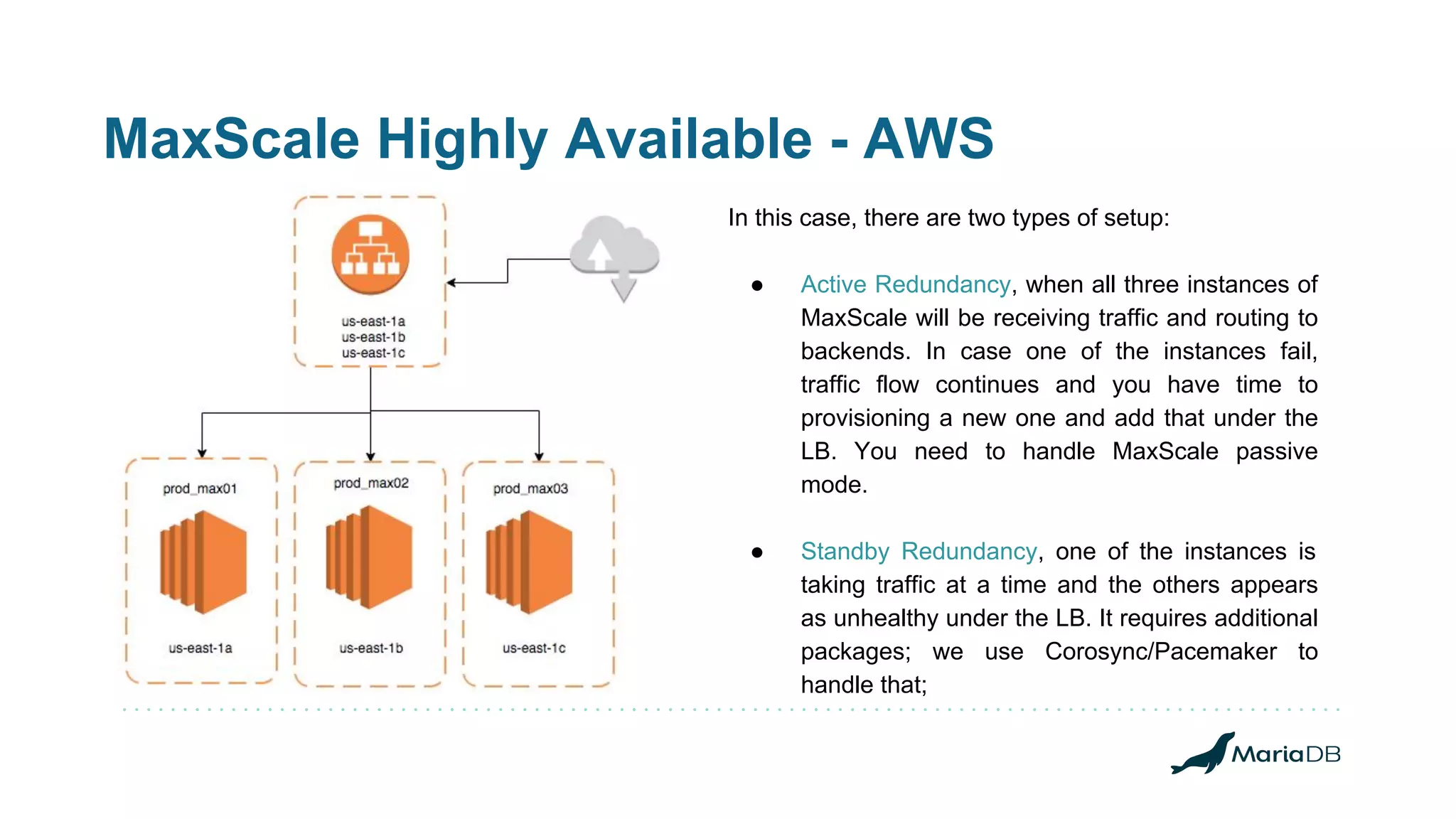 MaxScale Highly Available - AWS
In this case, there are two types of setup:
● Active Redundancy, when all three instances of
MaxScale will be receiving traffic and routing to
backends. In case one of the instances fail,
traffic flow continues and you have time to
provisioning a new one and add that under the
LB. You need to handle MaxScale passive
mode.
● Standby Redundancy, one of the instances is
taking traffic at a time and the others appears
as unhealthy under the LB. It requires additional
packages; we use Corosync/Pacemaker to
handle that;
 