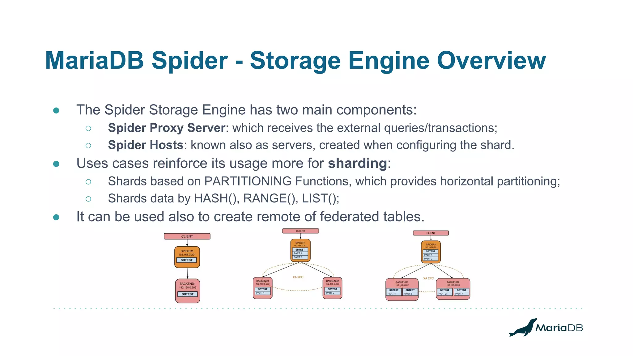 MariaDB Spider - Storage Engine Overview
● The Spider Storage Engine has two main components:
○ Spider Proxy Server: which receives the external queries/transactions;
○ Spider Hosts: known also as servers, created when configuring the shard.
● Uses cases reinforce its usage more for sharding:
○ Shards based on PARTITIONING Functions, which provides horizontal partitioning;
○ Shards data by HASH(), RANGE(), LIST();
● It can be used also to create remote of federated tables.
 