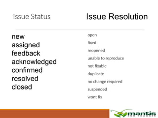 Issue Status
open
fixed
reopened
unable to reproduce
not fixable
duplicate
no change required
suspended
wont fix
Issue Resolution
new
assigned
feedback
acknowledged
confirmed
resolved
closed
 
