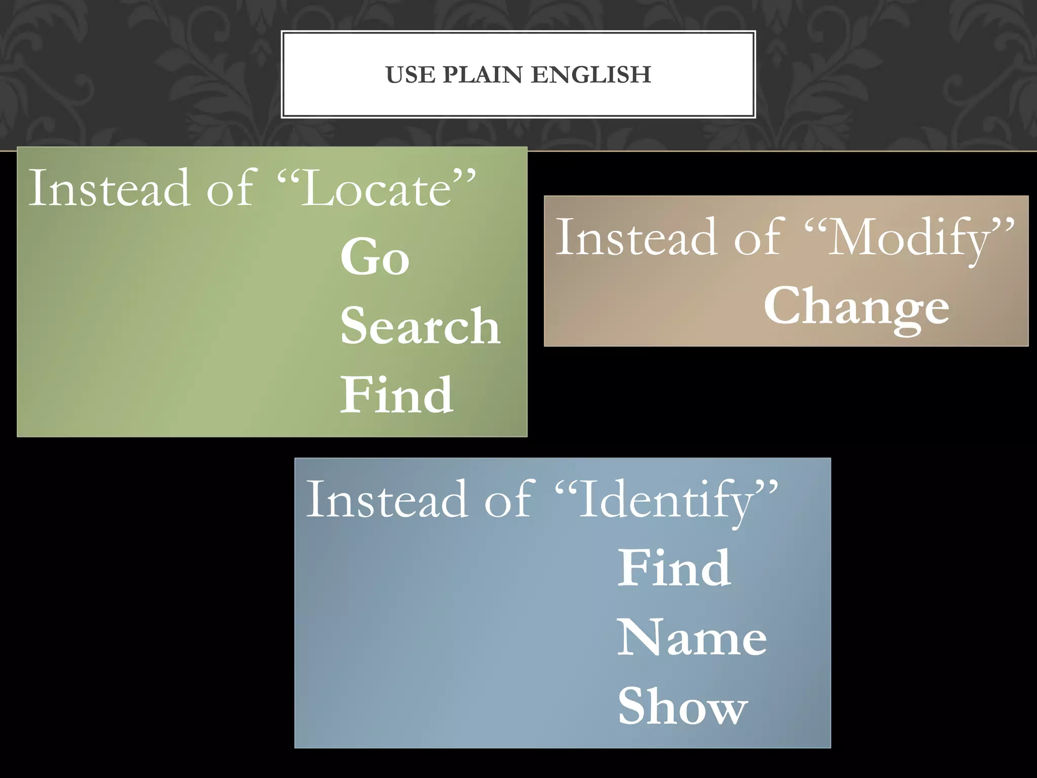 USE PLAIN ENGLISH



Instead of “Locate”
             Go     Instead of “Modify”
             Search          Change
             Find
          Instead of “Identify”
                        Find
                        Name
                     43 Show
 